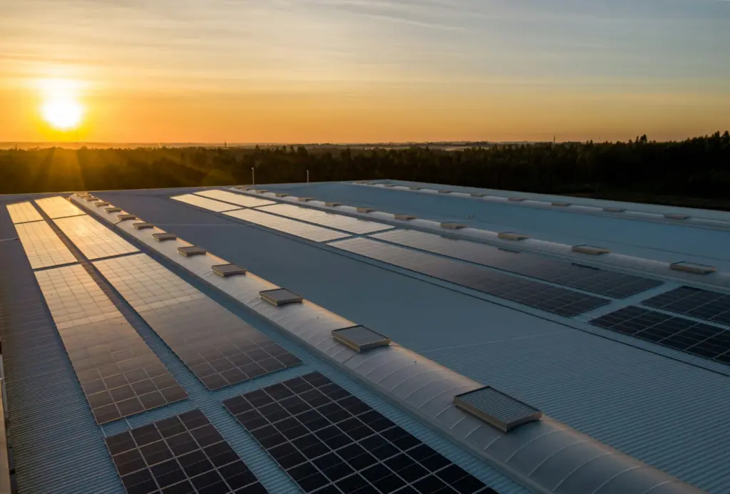 Solar panels on an industrial roof at sunset.