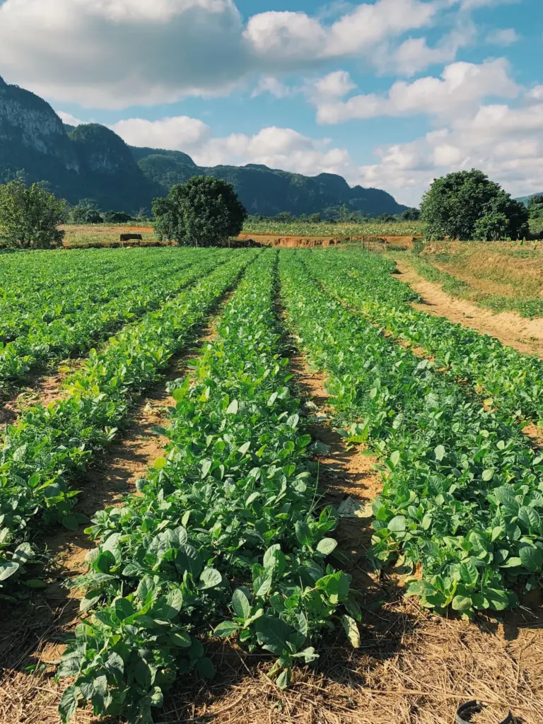 Rows of young crops in a sun-drenched field with rounded limestone mountains in the background.