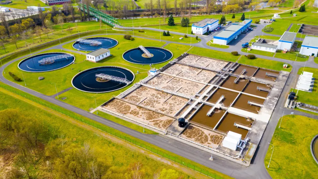 Aerial view of wastewater treatment plant.